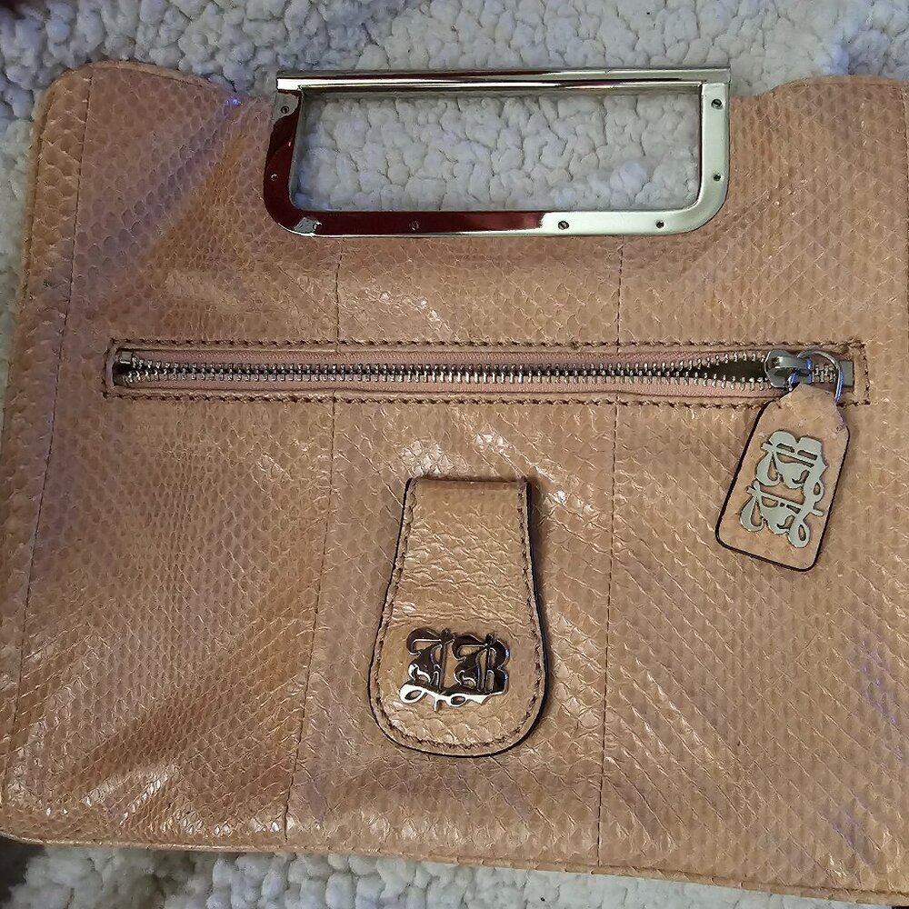 Leonello Borghi NY Beige Snakeskin Clutch – Gold Hardware, Winged Logo